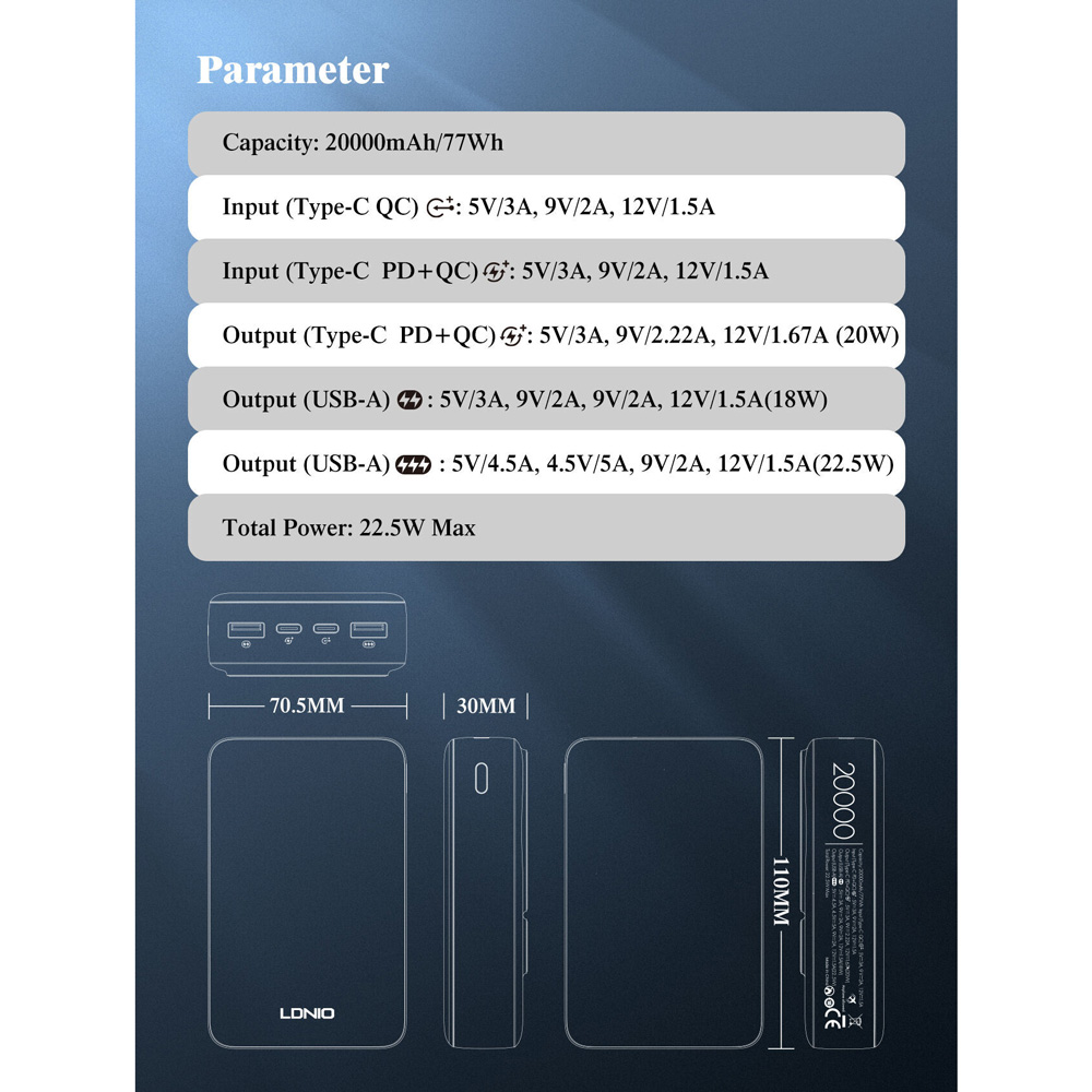 Back up baterija LDNIO PQ22 20000mah, 22.5W, crno bela