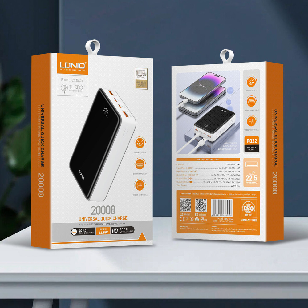 Back up baterija LDNIO PQ22 20000mah, 22.5W, crno bela