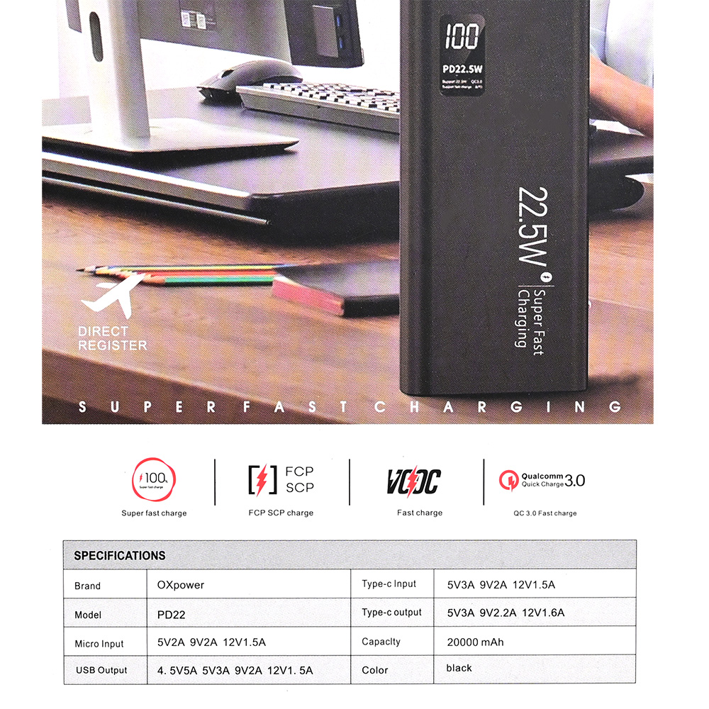 Power bank prenosiva baterija Oxpower PD22 20000mAh crna