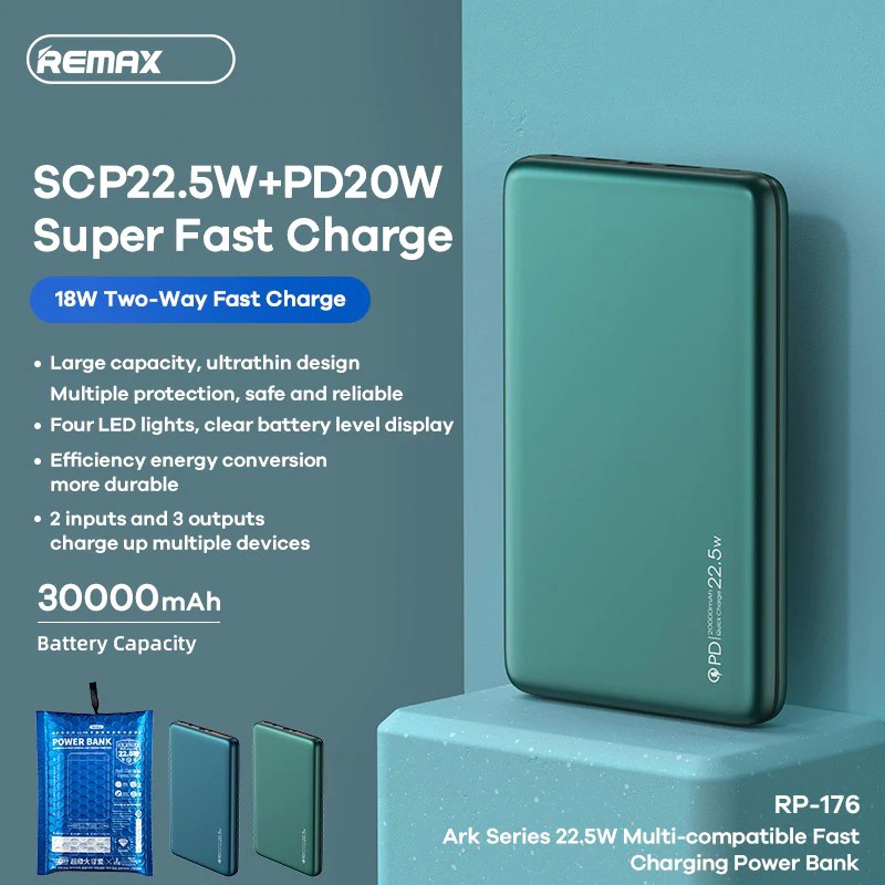 Power bank prenosiva baterija REMAX RPP-176 22.5W 30000mAh plava
