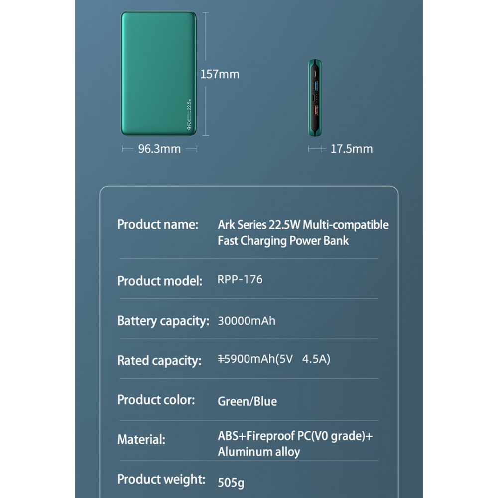 Power bank prenosiva baterija REMAX RPP-176 22.5W 30000mAh plava