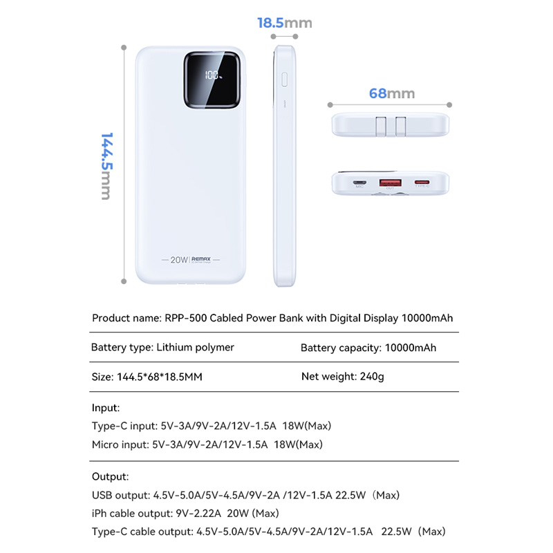 Power bank prenosiva baterija REMAX Suji Series RPP-500 20W+22.5W PD+QC 10000mAh ljubicasta