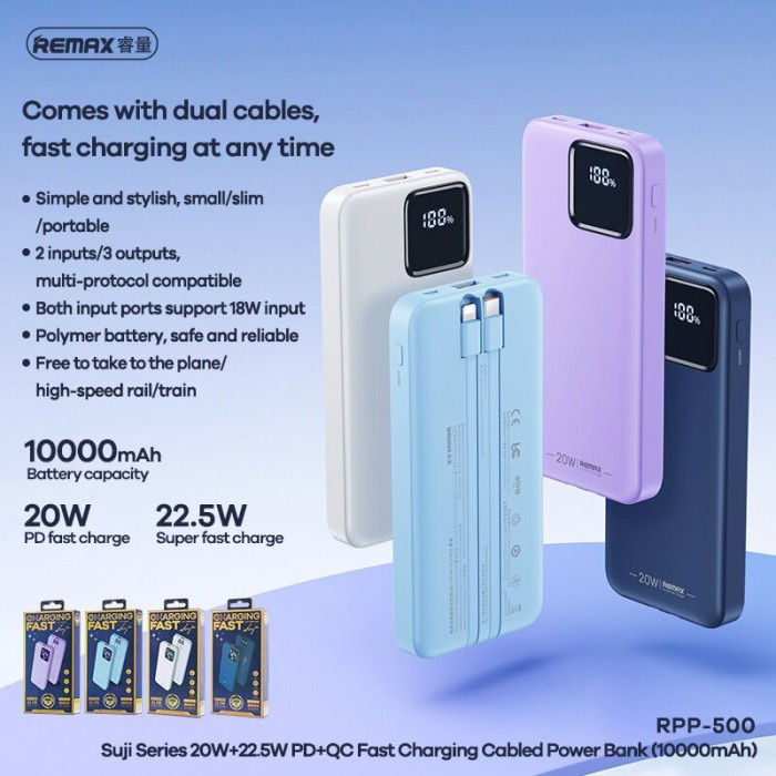 Power bank prenosiva baterija REMAX Suji Series RPP-500 20W+22.5W PD+QC 10000mAh ljubicasta