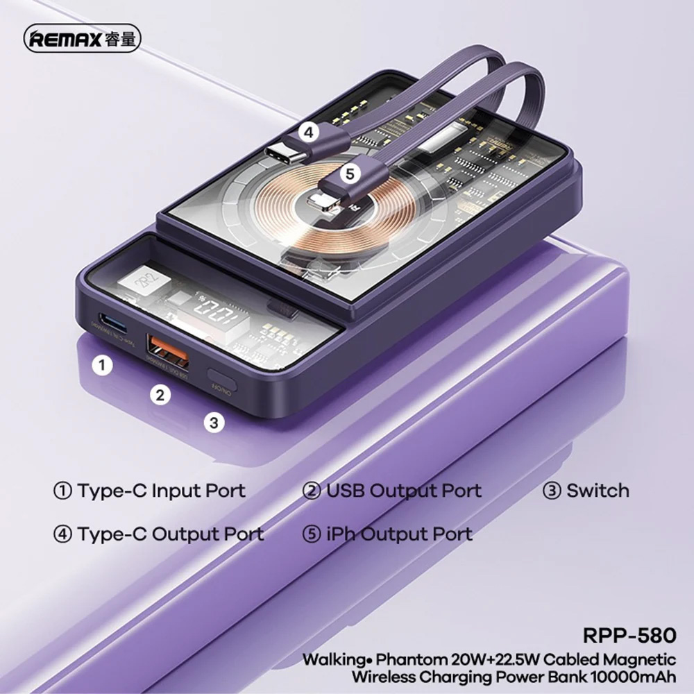 Power bank prenosiva baterija REMAX Phantom Series RPP-580 PD 20W+QC 22.5W 10000mAh beli