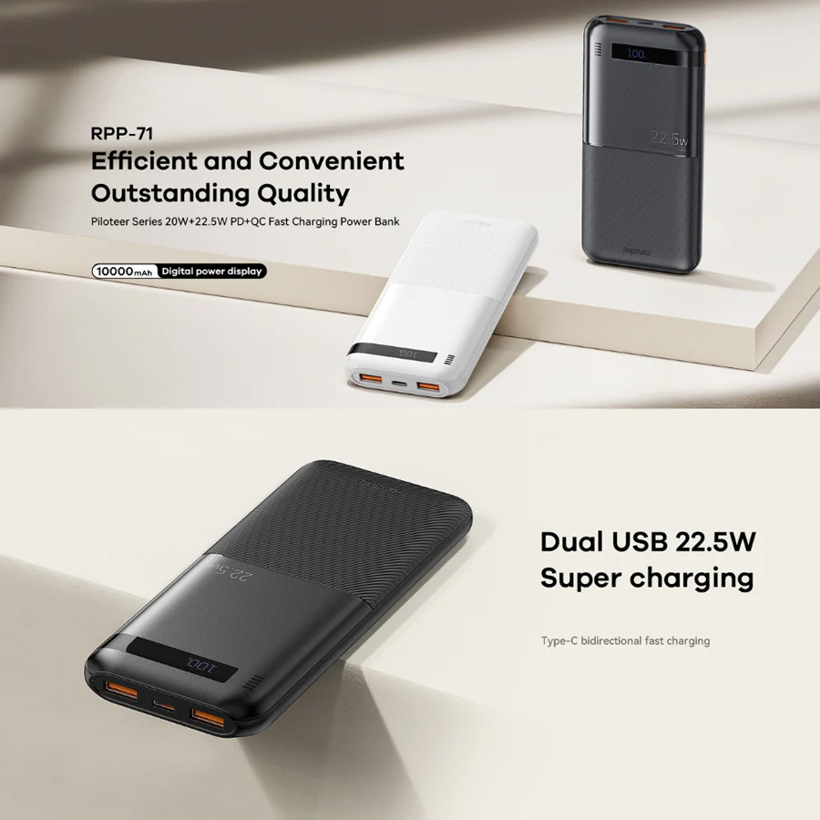 Power bank prenosiva baterija REMAX Piloteer Series RPP-71 20W+22.5W Fast Charging 10000mAh crni