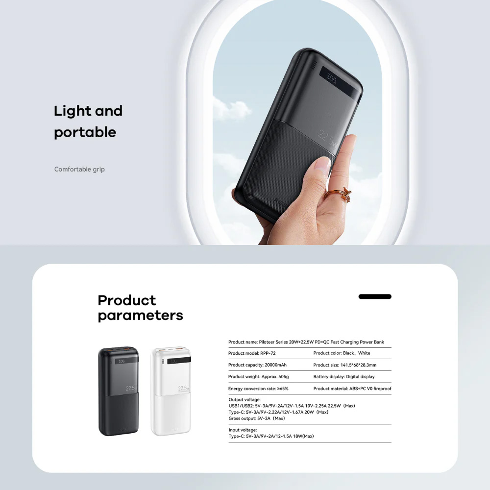 Power bank prenosiva baterija REMAX Piloteer Series RPP-72 20W+22.5W Fast Charging 20000mAh crni