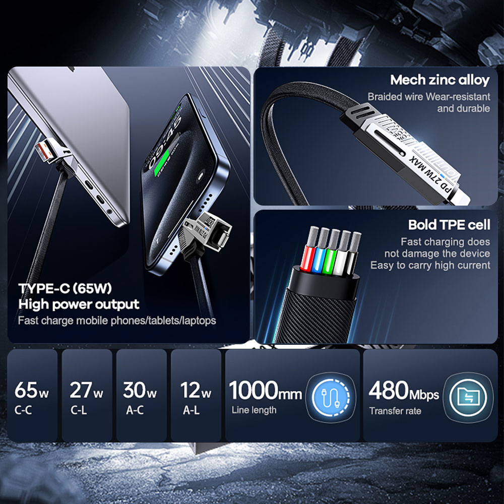 Data kabl REMAX RC-C189 PD 65W, QC 3.0 USB Lightning 27W, 2u1 crni 1m