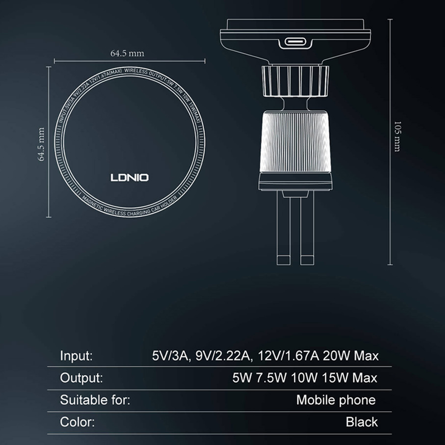Auto stalak za ventilaciju LDNIO MA23 15W Wireless magnetic crni