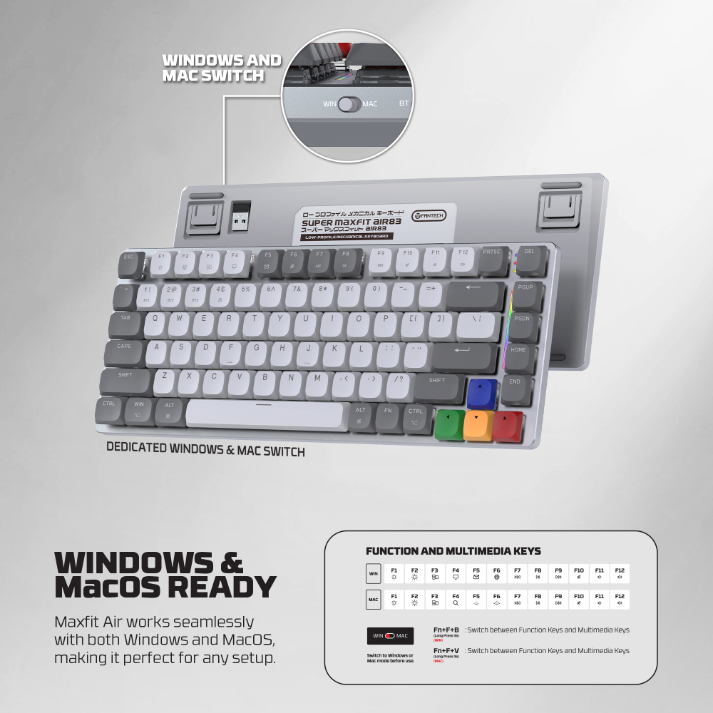 Tastatura Mehanicka Gaming Fantech MK915 RGB Maxfit AIR83 Wireless grey (brown switch)