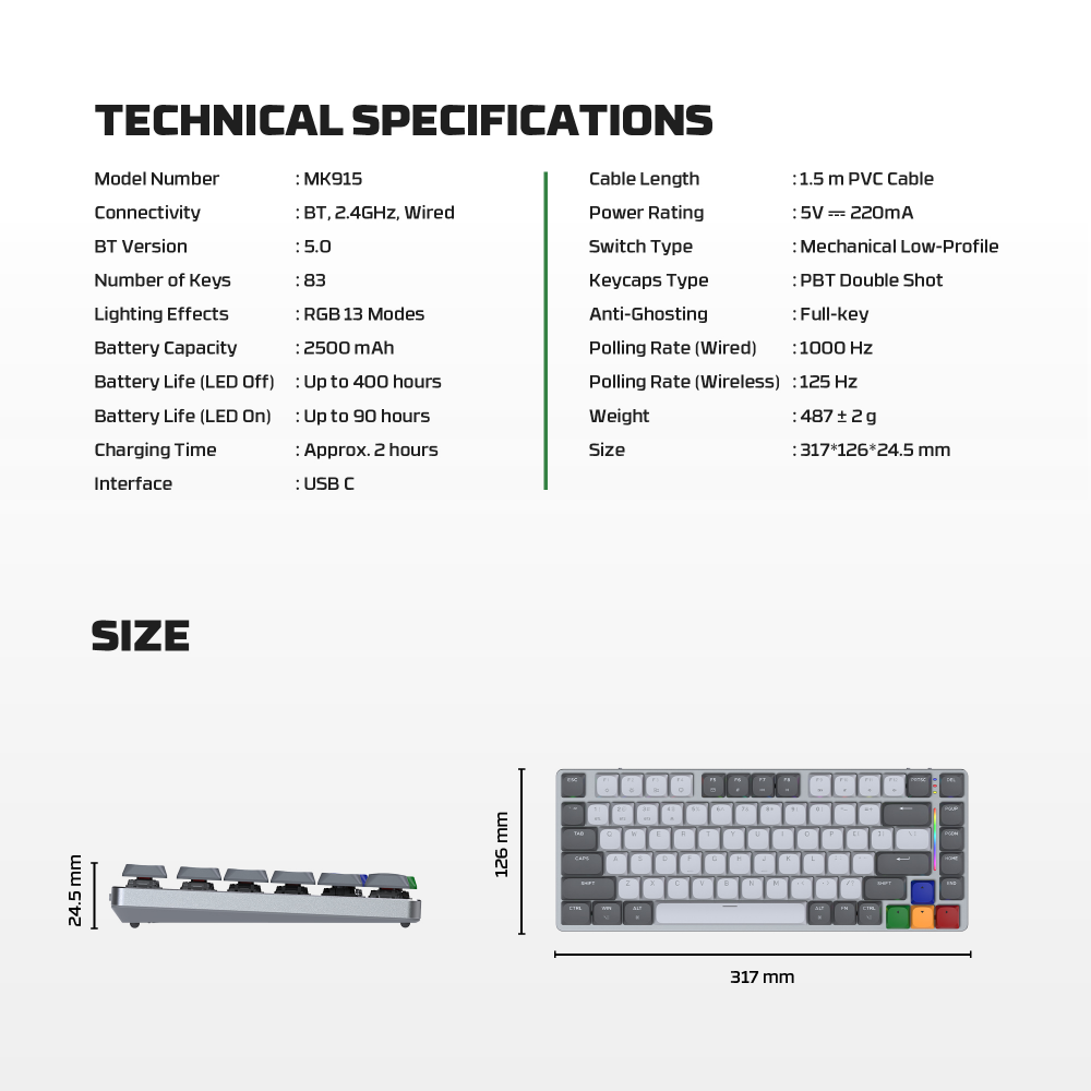 Tastatura Mehanicka Gaming Fantech MK915 RGB Maxfit AIR83 Wireless grey (red switch)