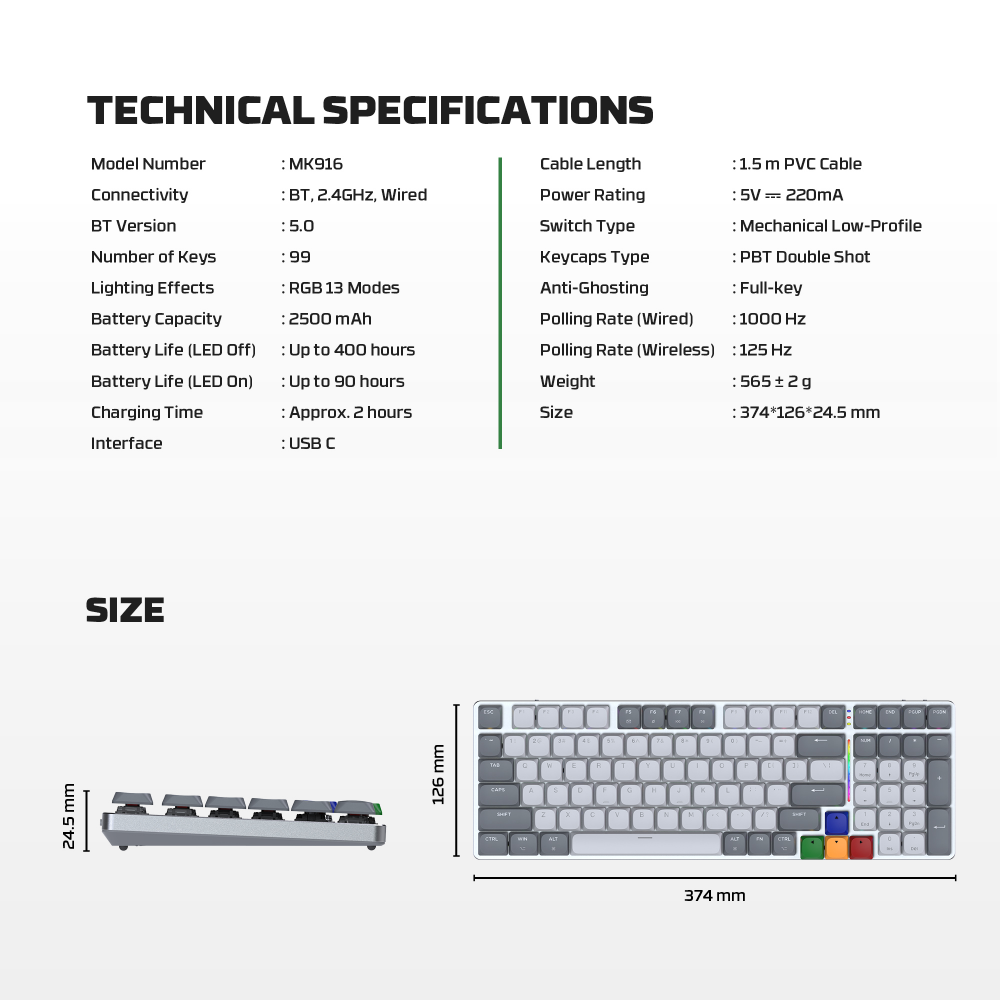 Tastatura Mehanicka Gaming Fantech MK916 RGB Maxfit AIR99 Wireless grey (red switch)