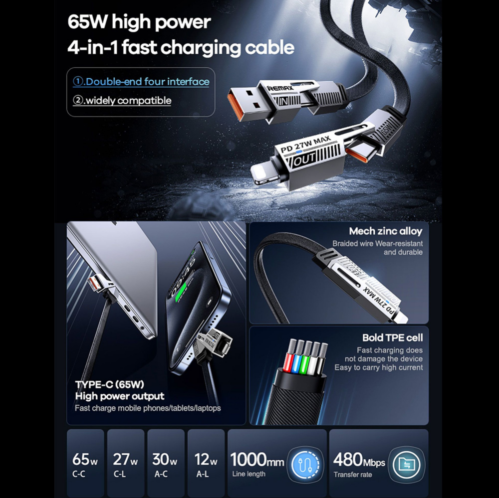 Data kabl REMAX RC-C189 65W 4-in-1 Fast Charging crni 1m