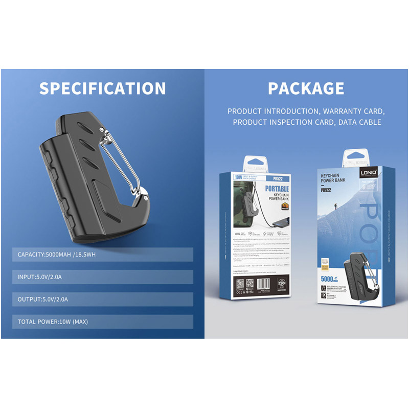 Power bank prenosiva baterija LDNIO PR522 10W privezak 5000mAh crni