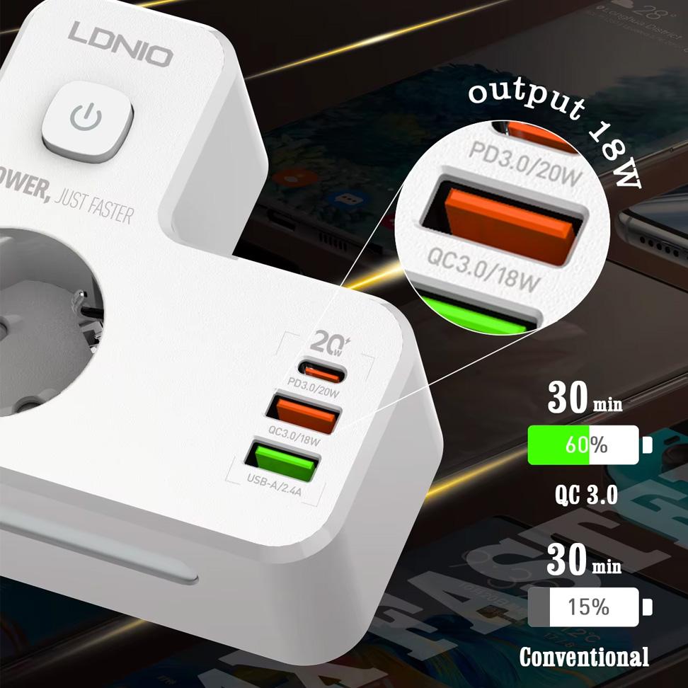 Produzni kabl LDNIO SE2337 2500W (lopov) EU 2 uticnice + 2xUSB QC3.0 18W, PD 20W beli