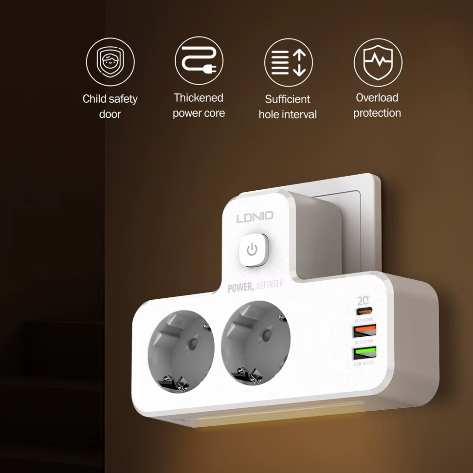 Produzni kabl LDNIO SE2337 2500W (lopov) EU 2 uticnice + 2xUSB QC3.0 18W, PD 20W beli