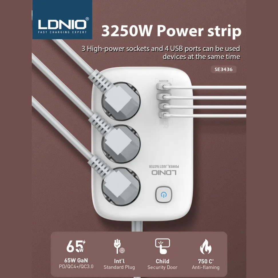 Produzni kabl LDNIO SE3436 3250W EU 3 uticnice + 2xUSB QC 60W, 2xPD 65W, PPS, GaN 2m beli