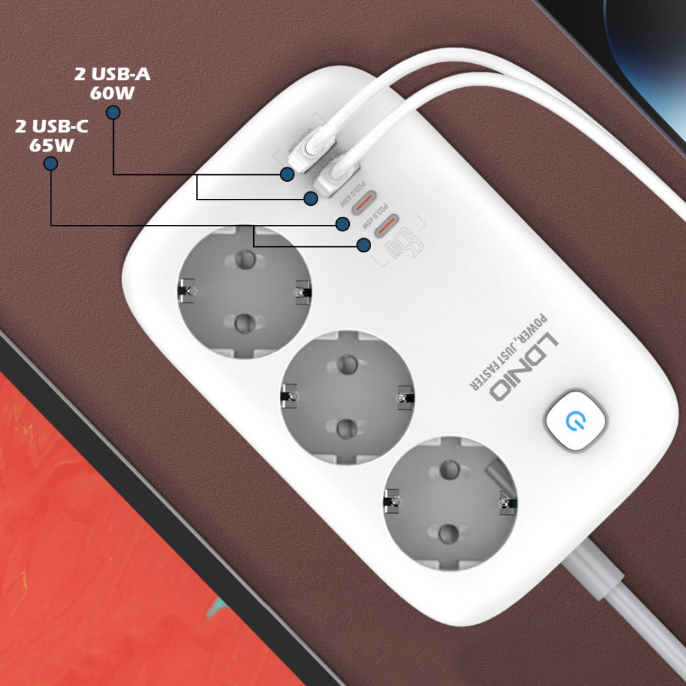 Produzni kabl LDNIO SE3436 3250W EU 3 uticnice + 2xUSB QC 60W, 2xPD 65W, PPS, GaN 2m beli