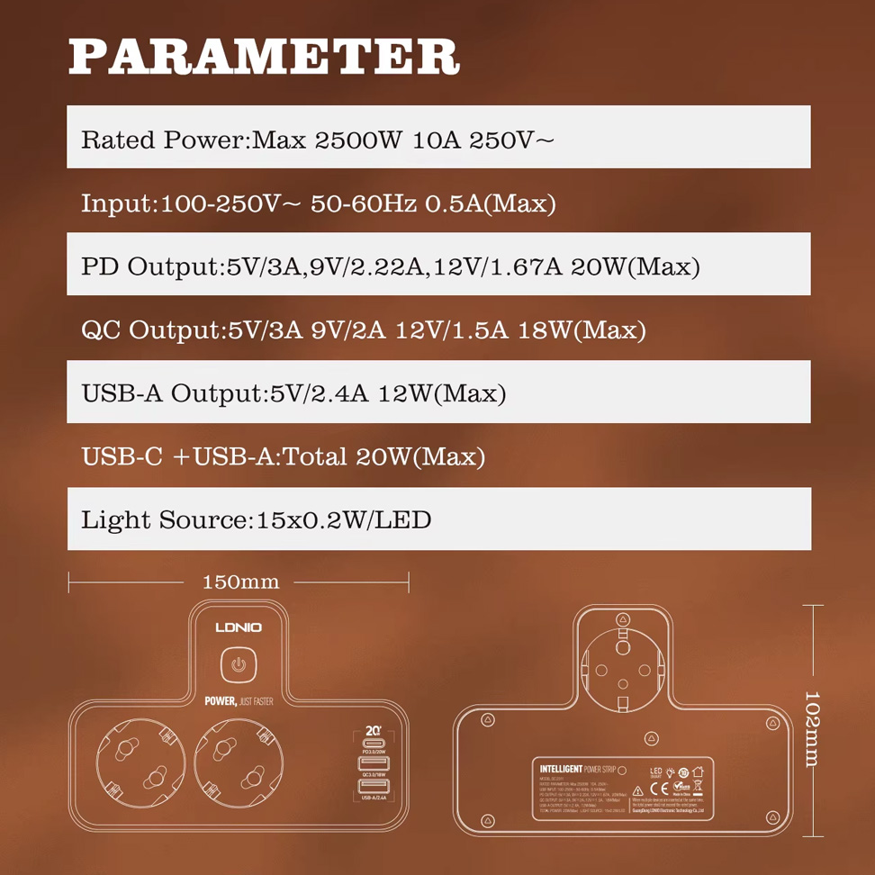 Produzni kabl LDNIO SE2337 2500W (lopov) EU 2 uticnice + 2xUSB QC3.0 18W, PD 20W beli