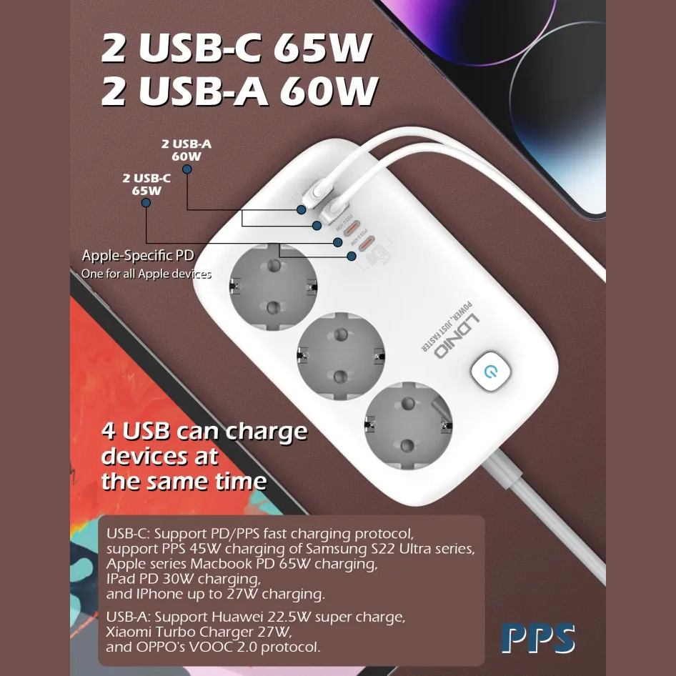 Produzni kabl LDNIO SE3436 3250W EU 3 uticnice + 2xUSB QC 60W, 2xPD 65W, PPS, GaN 2m beli