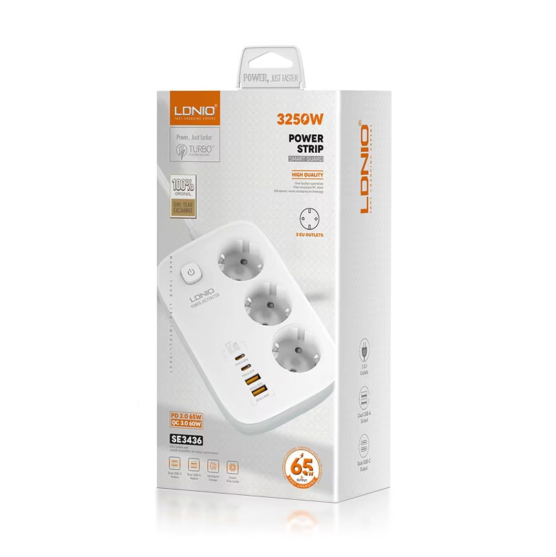 Produzni kabl LDNIO SE3436 3250W EU 3 uticnice + 2xUSB QC 60W, 2xPD 65W, PPS, GaN 2m beli