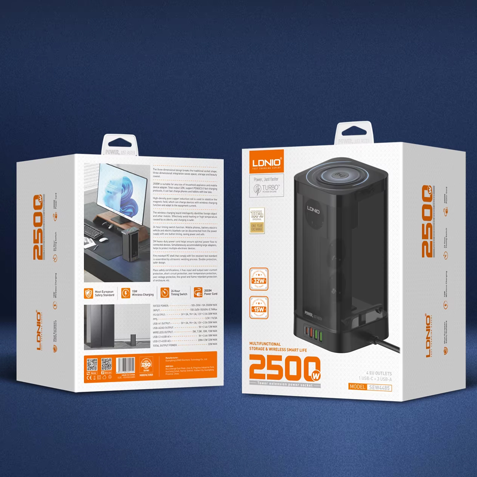 Produzni kabl LDNIO SEW4485 2500W EU 4 uticnice + 3xUSB QC PD 30W, Wireless 15W, PPS, Tajmer 2m crni