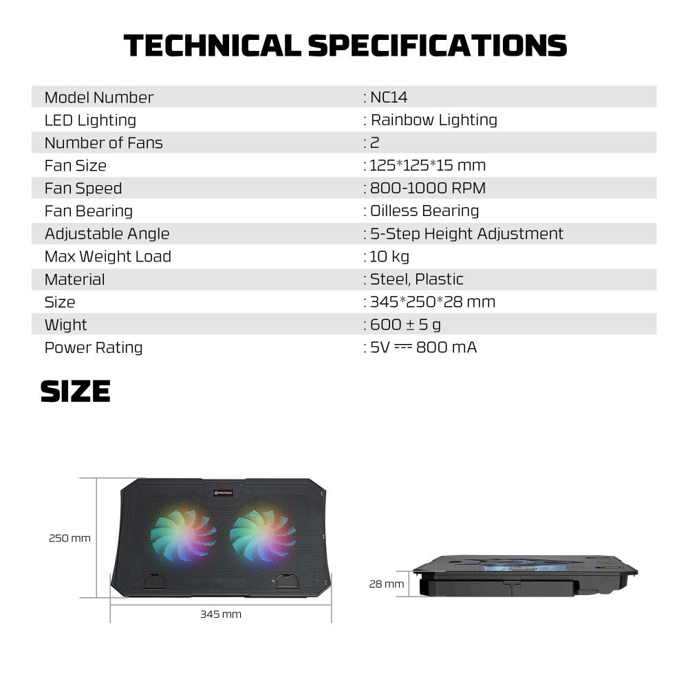 Laptop Cooler Fantech NC14 RGB crni