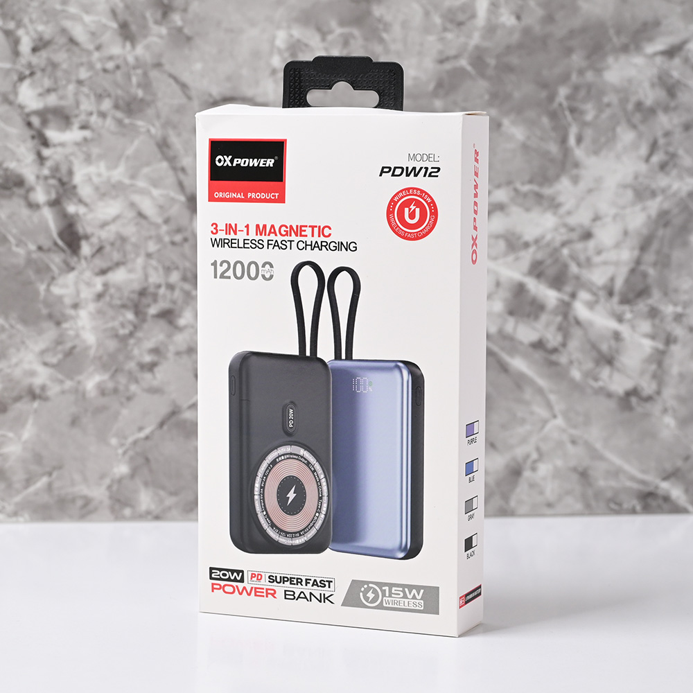 Power bank prenosiva baterija Oxpower PDW12 12000mAh 3u1 magnetic crna