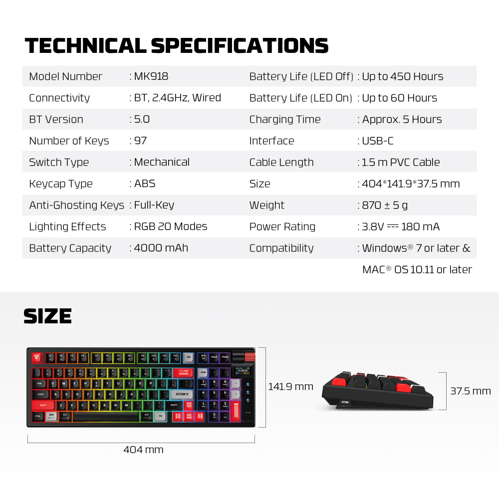 Tastatura Mehanicka Gaming Fantech MK918 RGB Atom PRO97 Wireless bela (Blue switch)