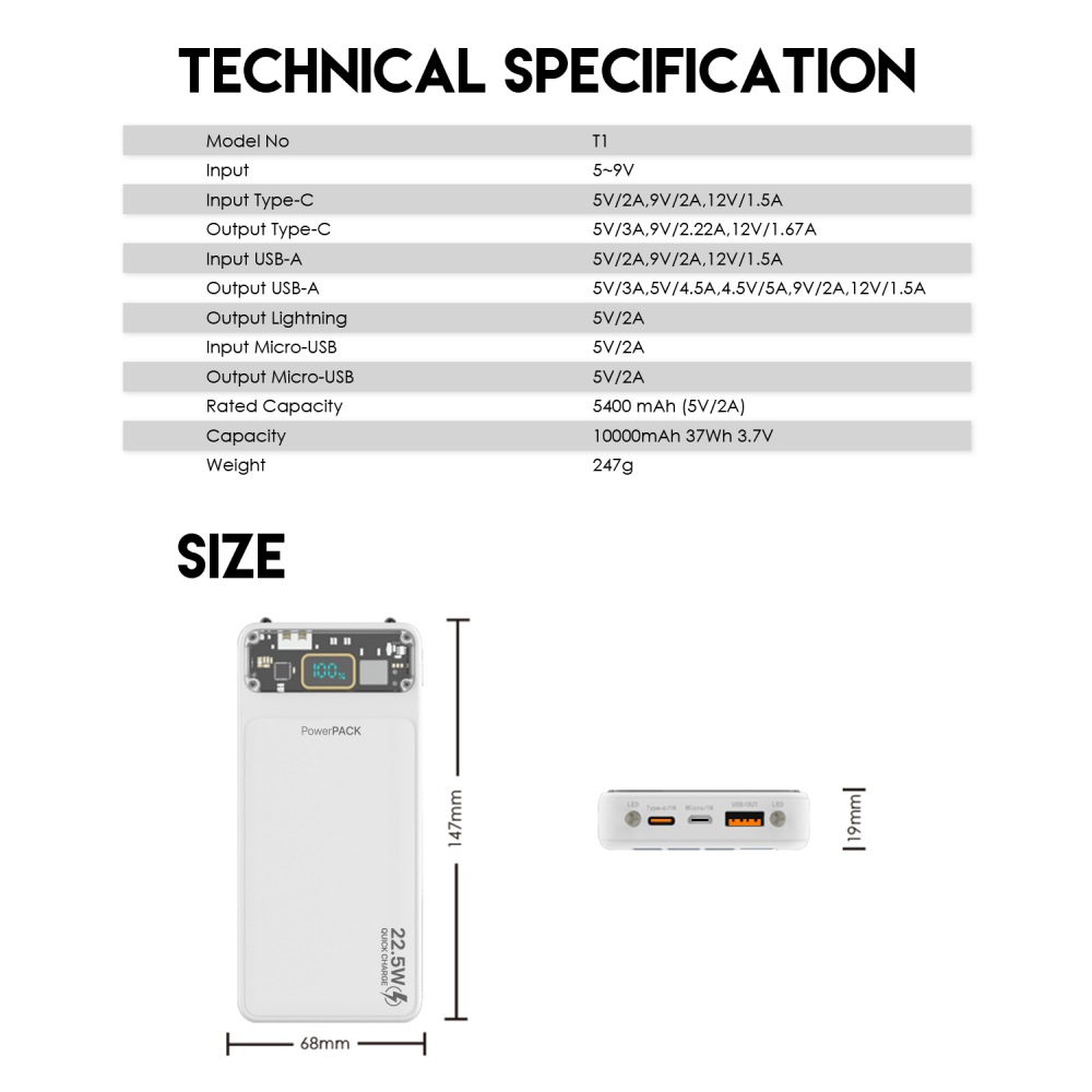 Power bank Prenosiva baterija Fantech T1 10000mAh QC, PD, 22.5W crni