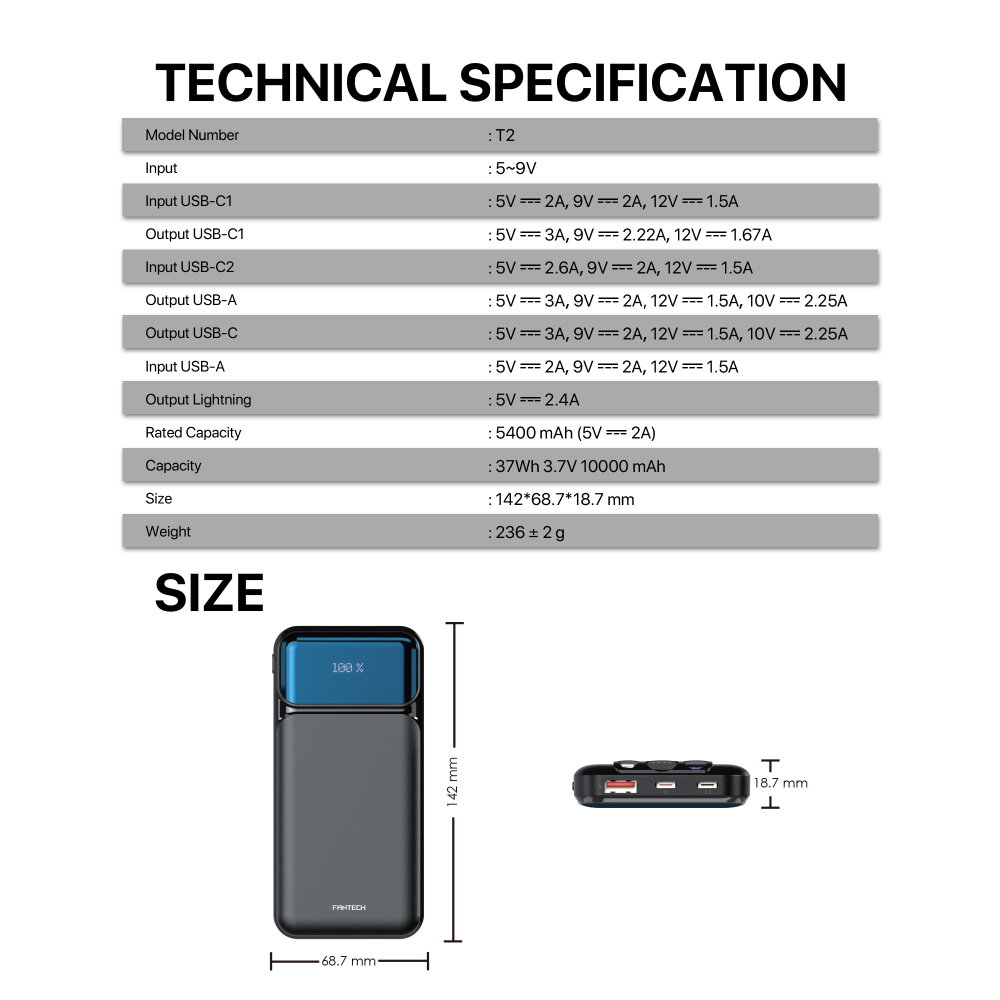 Power bank Prenosiva baterija Fantech T2 10000mAh QC, PD, 22.5W  beli