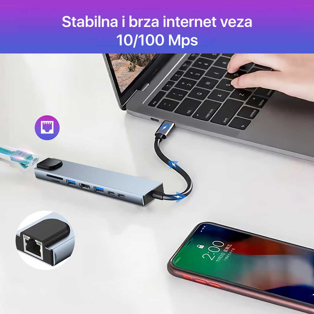 Adapter Terabyte Type C na RJ45 2xUSB 3.0 HDMI 2xPD SD TF 8 u 1 sivi
