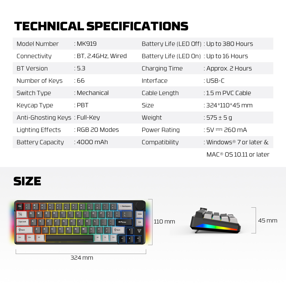 Tastatura Mehanicka Gaming Fantech MK919 Atom PRO66 siva (Blue switch)