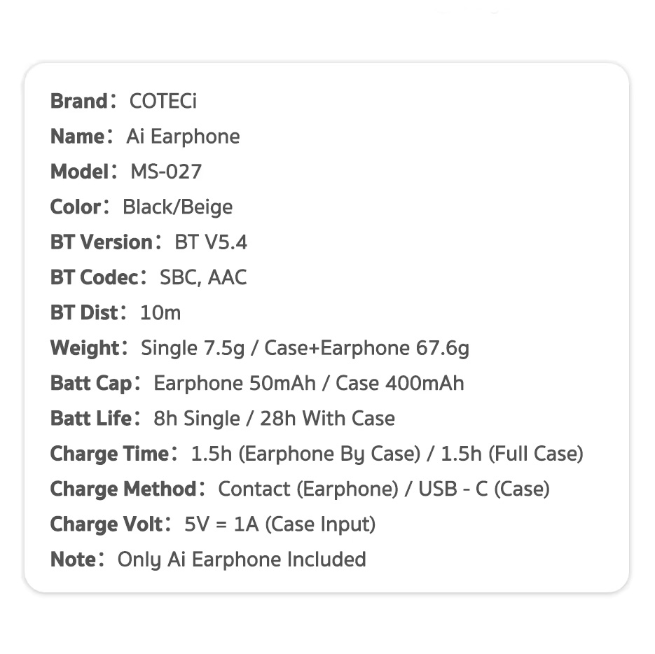 Bluetooth slusalice Coteci MS-027 sa AI prevodiocem crne