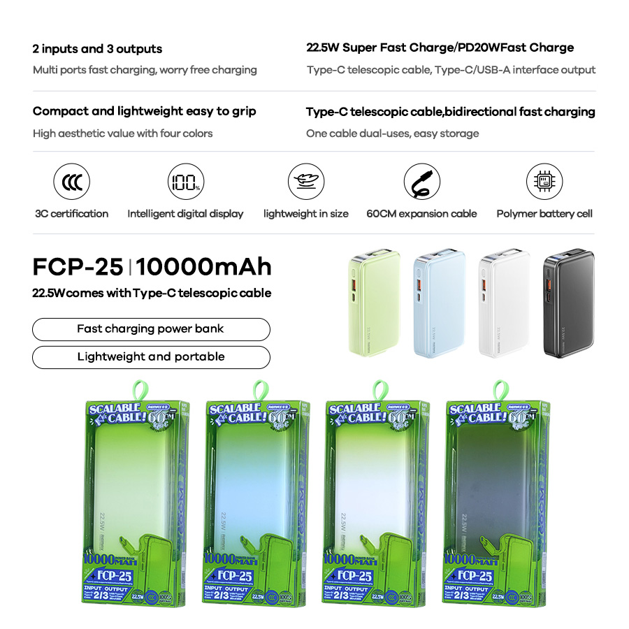 Power bank prenosiva baterija REMAX FCP-25 Fast Charging 22.5W(teleskopski kabl) Type-C 10000mAh plavi