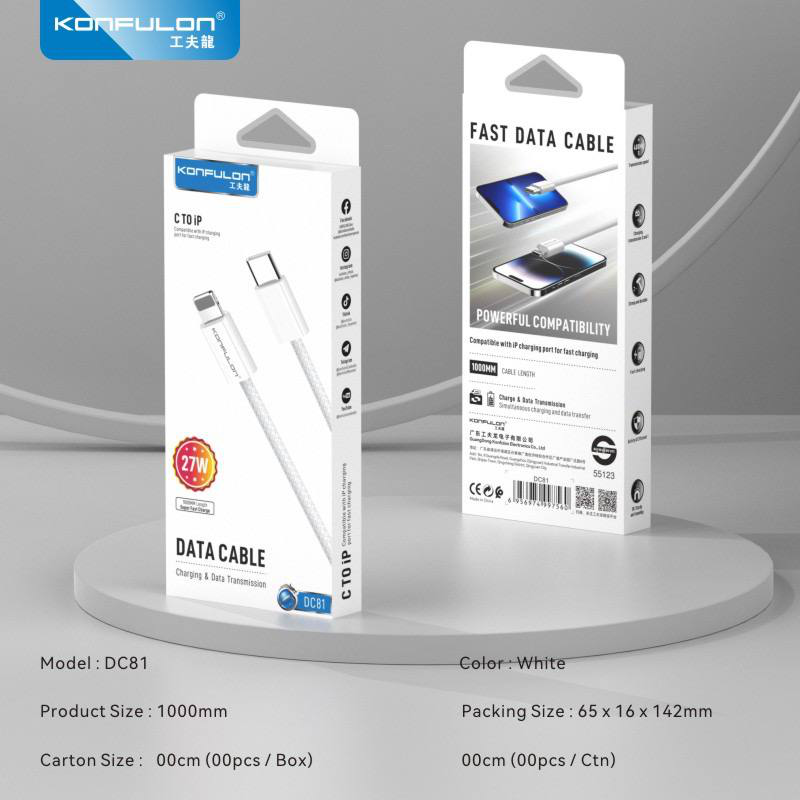 Data kabl KONFULON DC81 27W Type C na iPhone lightning beli 1m