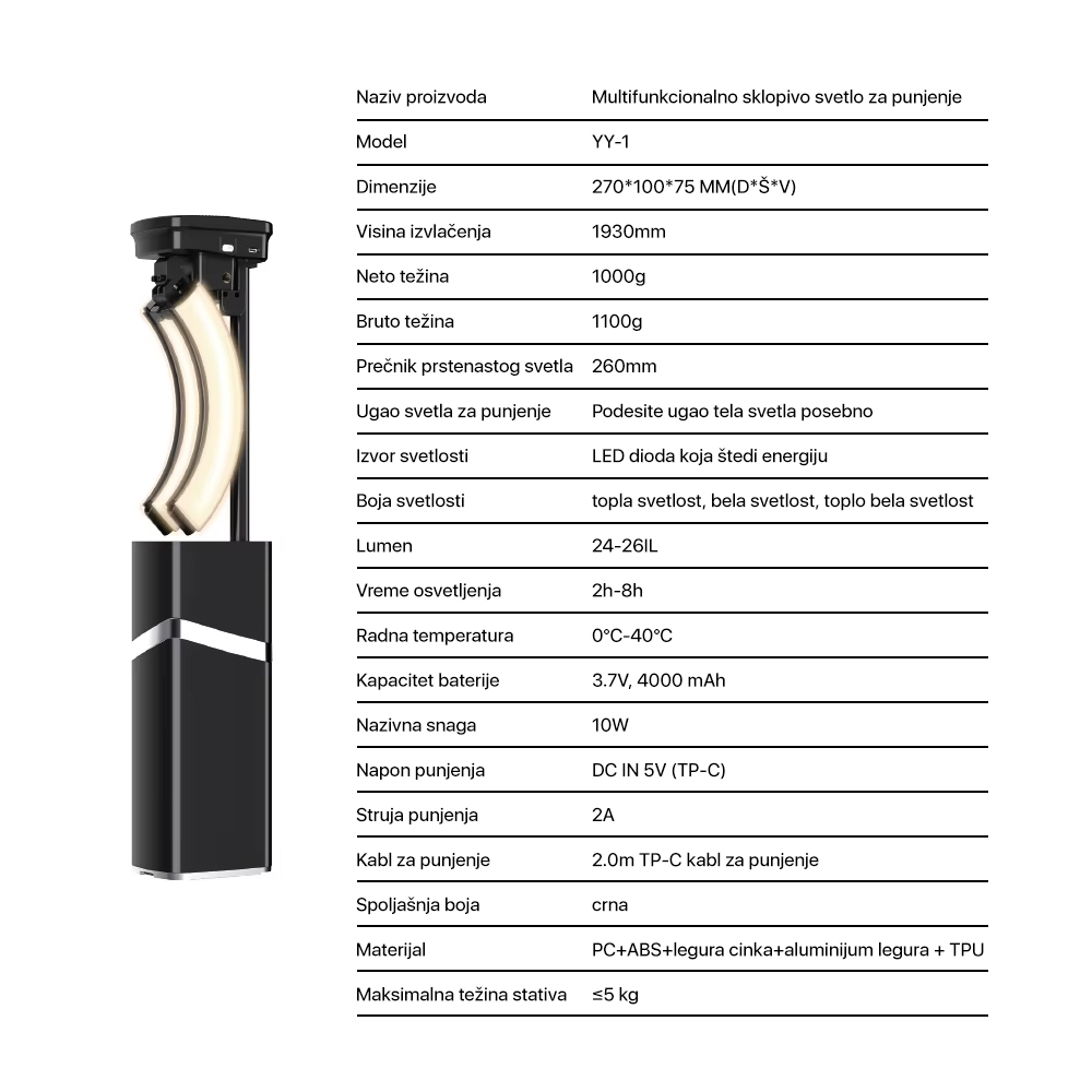 Tripod + LED ring lampa multifinkcionalna sa postoljem crna