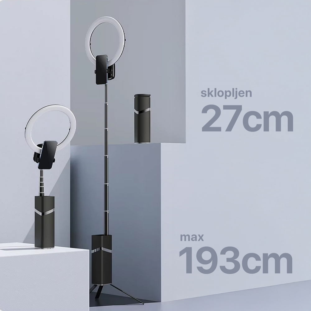 Tripod + LED ring lampa multifinkcionalna sa postoljem crna