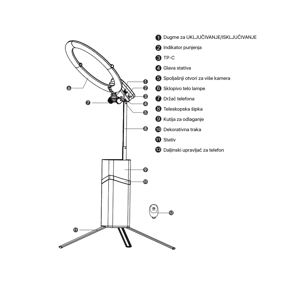 Tripod + LED ring lampa multifinkcionalna sa postoljem crna