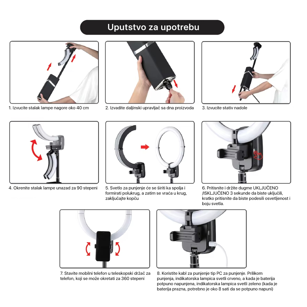 Tripod + LED ring lampa multifinkcionalna sa postoljem crna