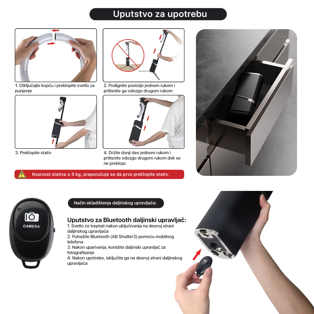 Tripod + LED ring lampa multifinkcionalna sa postoljem crna
