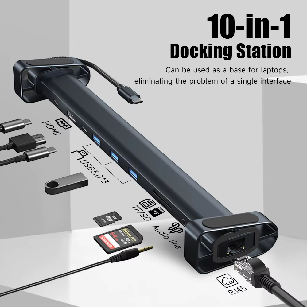 Adapter Type C JWD-TC45 na LAN, PD, HDMI, Type C, 3x USB 3.0, SD, TF,  3.5mm 10 u 1 sivi