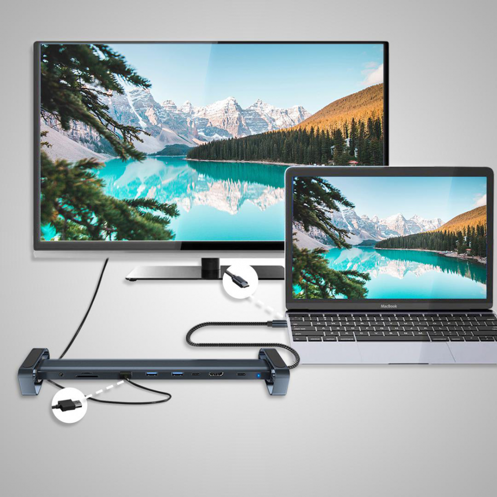 Adapter Type C JWD-TC45 na LAN, PD, HDMI, Type C, 3x USB 3.0, SD, TF,  3.5mm 10 u 1 sivi