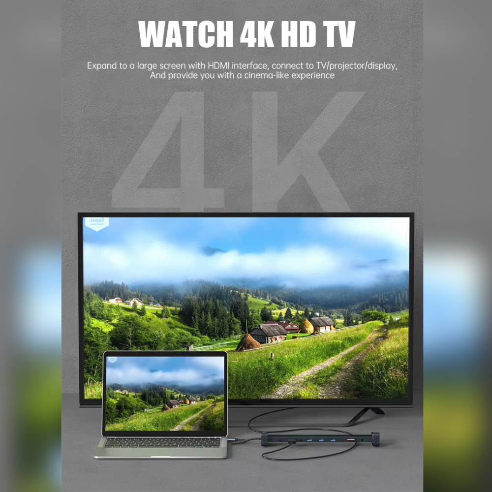 Adapter Type C JWD-TC45 na LAN, PD, HDMI, Type C, 3x USB 3.0, SD, TF,  3.5mm 10 u 1 sivi