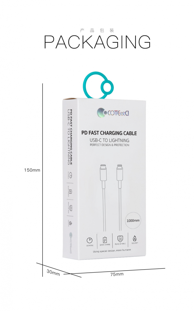 Data kabl Coteci CS2165 3A PD na iPhone lightning beli 1m