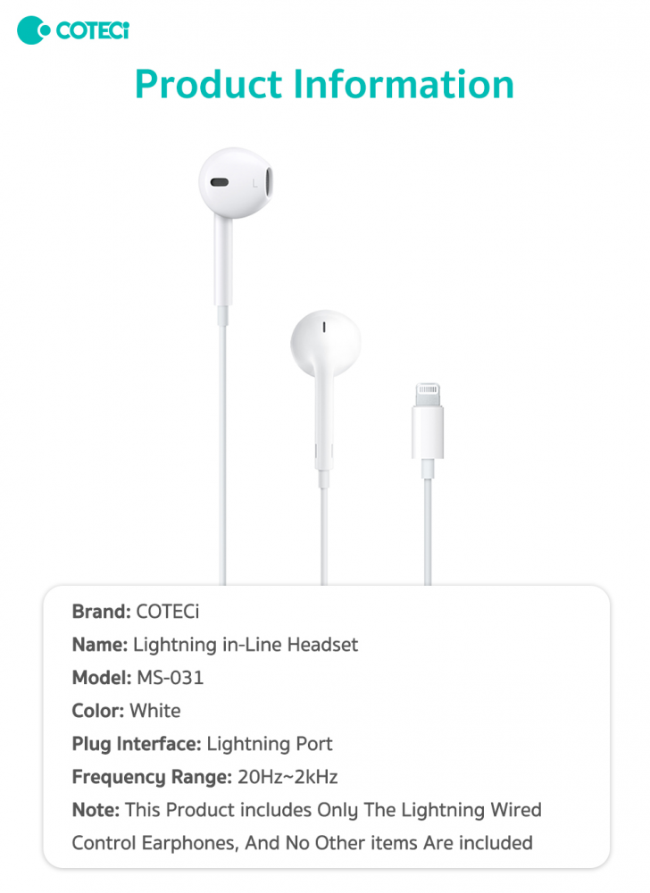 Slusalice Coteci MS-031 za iPhone lightning bele