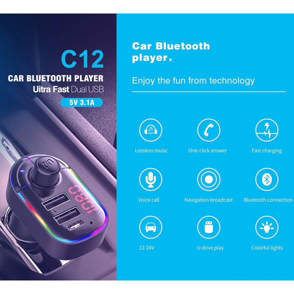 FM transmiter C12 USB PD Bluetooth 5.0 12-24V handsfree crni