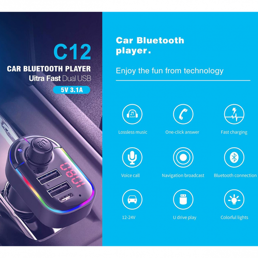 FM transmiter C12 USB PD Bluetooth 5.0 12-24V handsfree crni