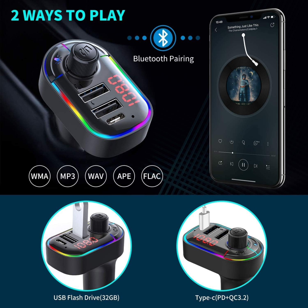FM transmiter C12 USB PD Bluetooth 5.0 12-24V handsfree crni