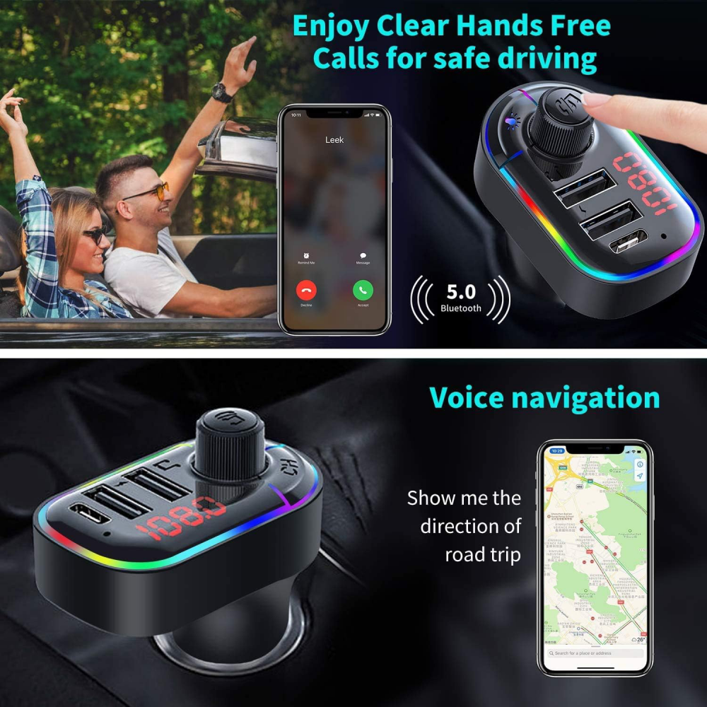 FM transmiter C12 USB PD Bluetooth 5.0 12-24V handsfree crni