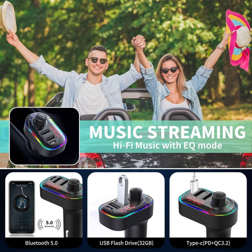 FM transmiter C12 USB PD Bluetooth 5.0 12-24V handsfree crni
